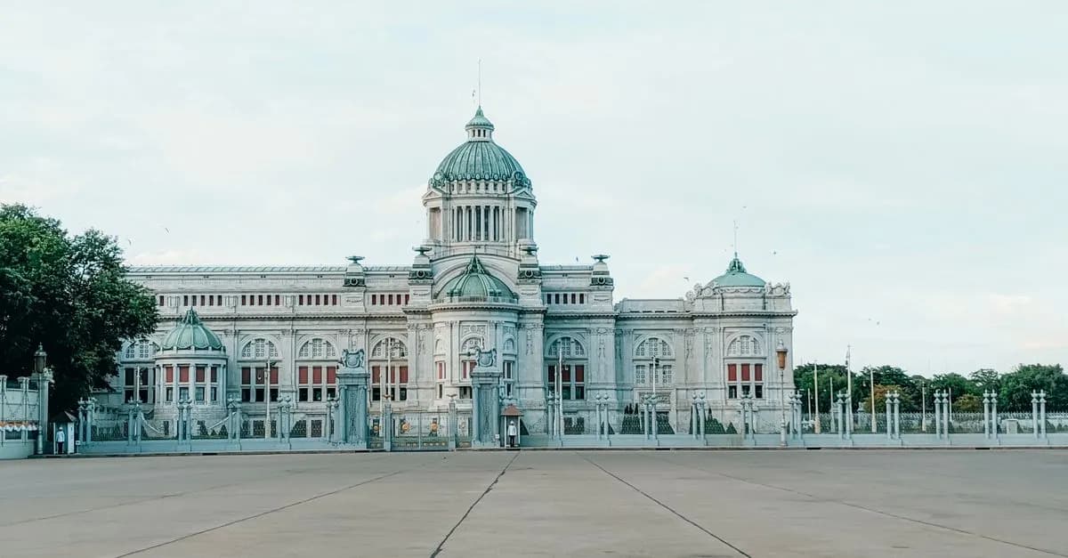 Front view of the Ananta Samakhom Throne Hall in Bangkok, Thailand, under a clear sky.