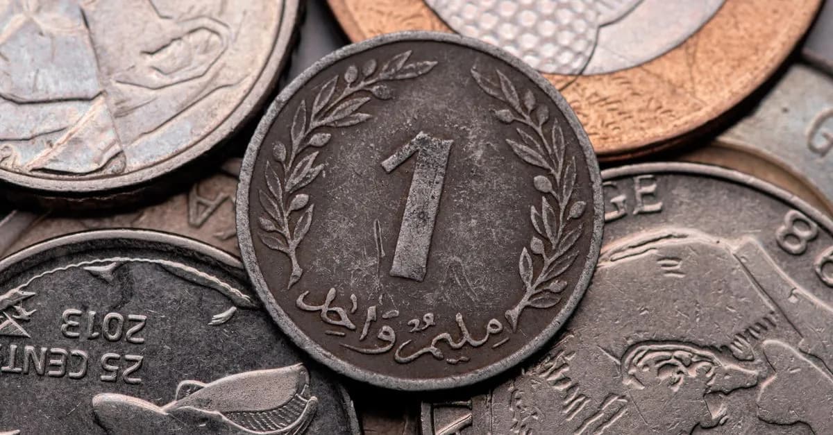 A diverse collection of Tunisian coins showcasing intricate designs and textures in close-up view.