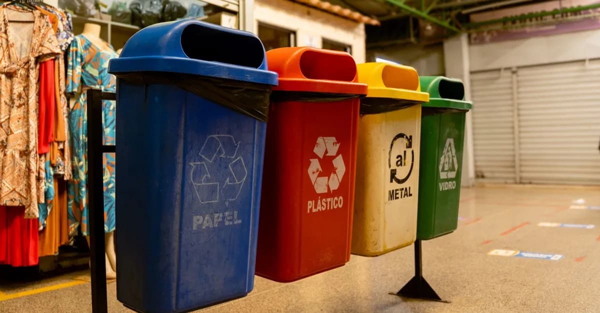 Four recycling bins for paper, plastic, metal, and glass indoors.