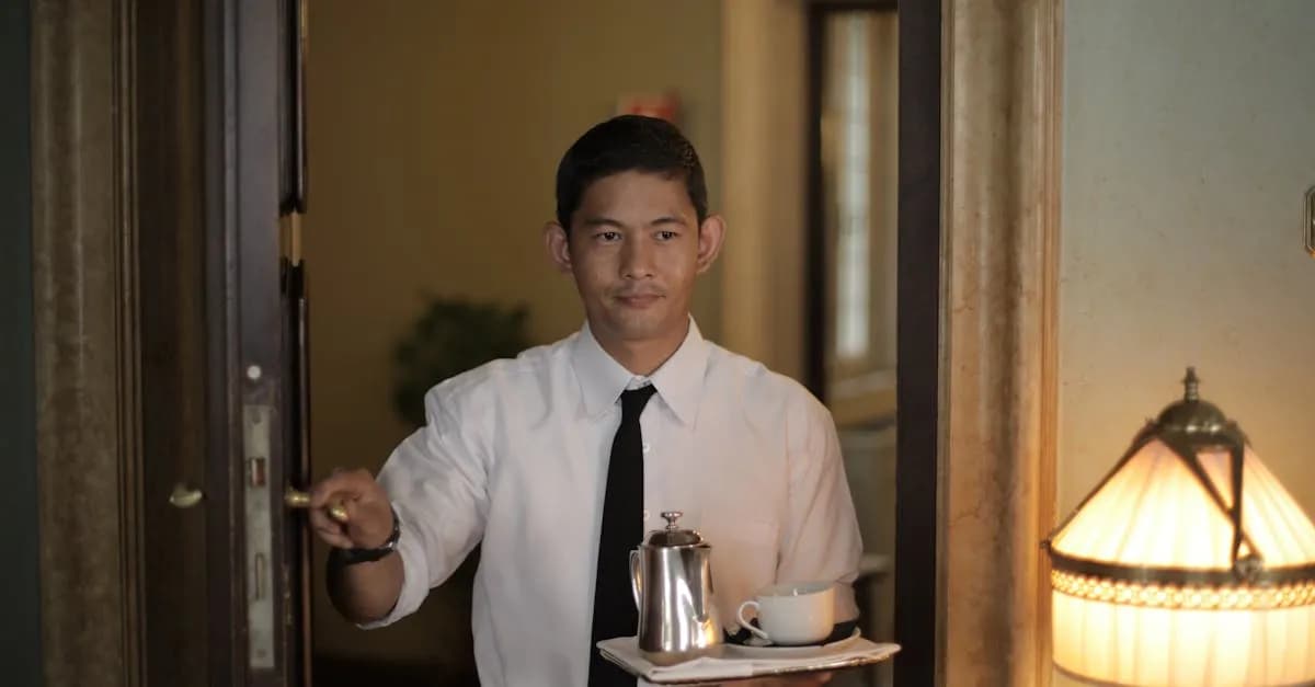 Positive ethnic male employee carrying tray with coffee while serving guest in cozy hotel room