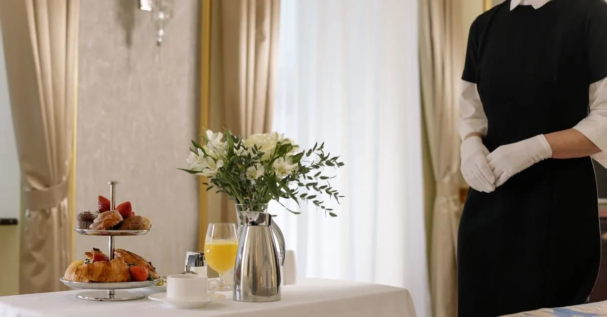 Elegant hotel room service setup with delicious breakfast and attentive service.
