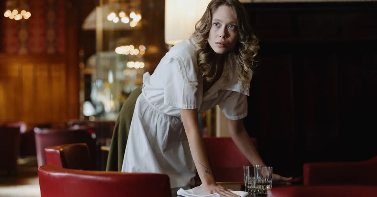 A female waitress wipes a table in a stylish restaurant setting, focused on her task.