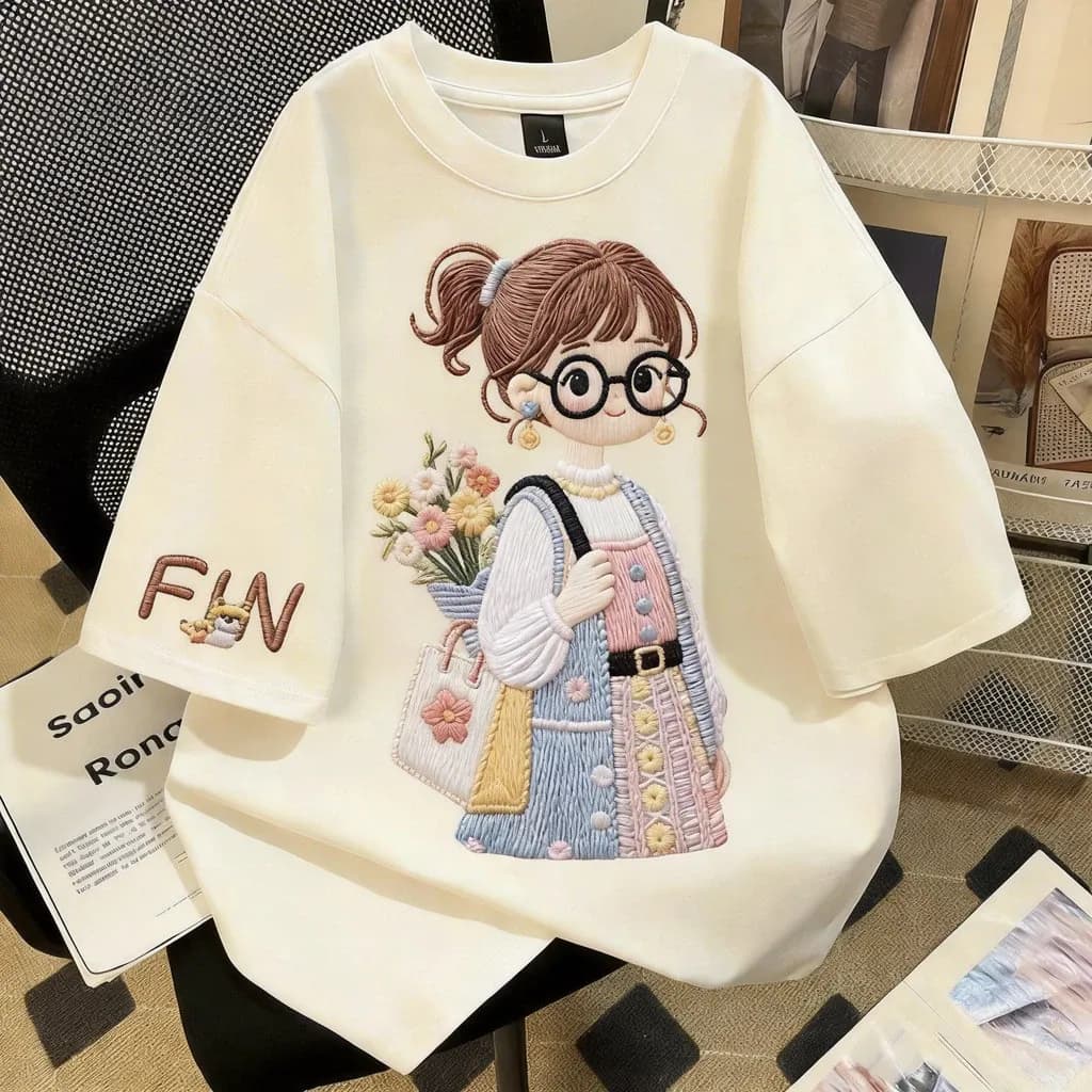 TEE·SHOP?เสื้อยืด oversize เสื้อเท่ๆ เกาหลี"FIN girl"ไม่หดตัว เสื้อแฟชั่นใ เกาหลีสไตล์ พิมพ์ลาย ผ้านิ่มใส่สบาย  COD