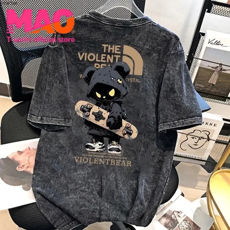 COD✅ เสื้อสีฟอก เสื้อยืดเย็นเ สื้อยืด oversize รูปแบบถนน โคตรนุ่ม ผ้าคอตตอน ลาย "THE VIOLENT01" สินค้าใหม่