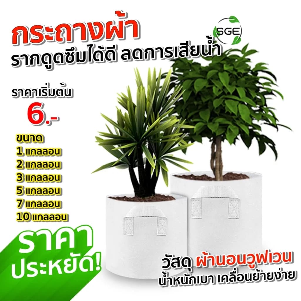 SGE กระถางผ้า สีขาว กระถางผ้าปลูกต้นไม้ ถุงปลูกต้นไม้ รุ่น GBW ฝนตกหนักรากไม่เน่า ระบายน้ำได้ดี